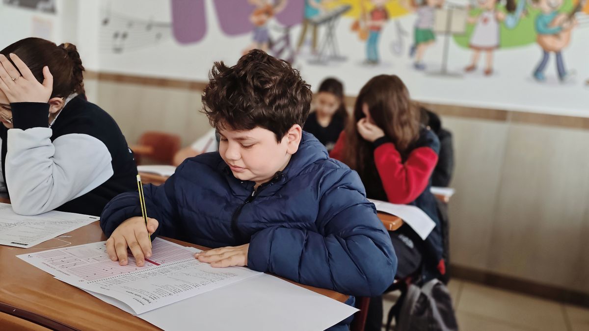 School students concentrating during a written test