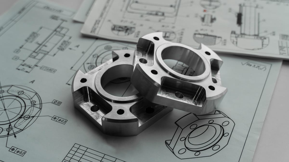 Two metal mechanical parts resting on engineering drawings