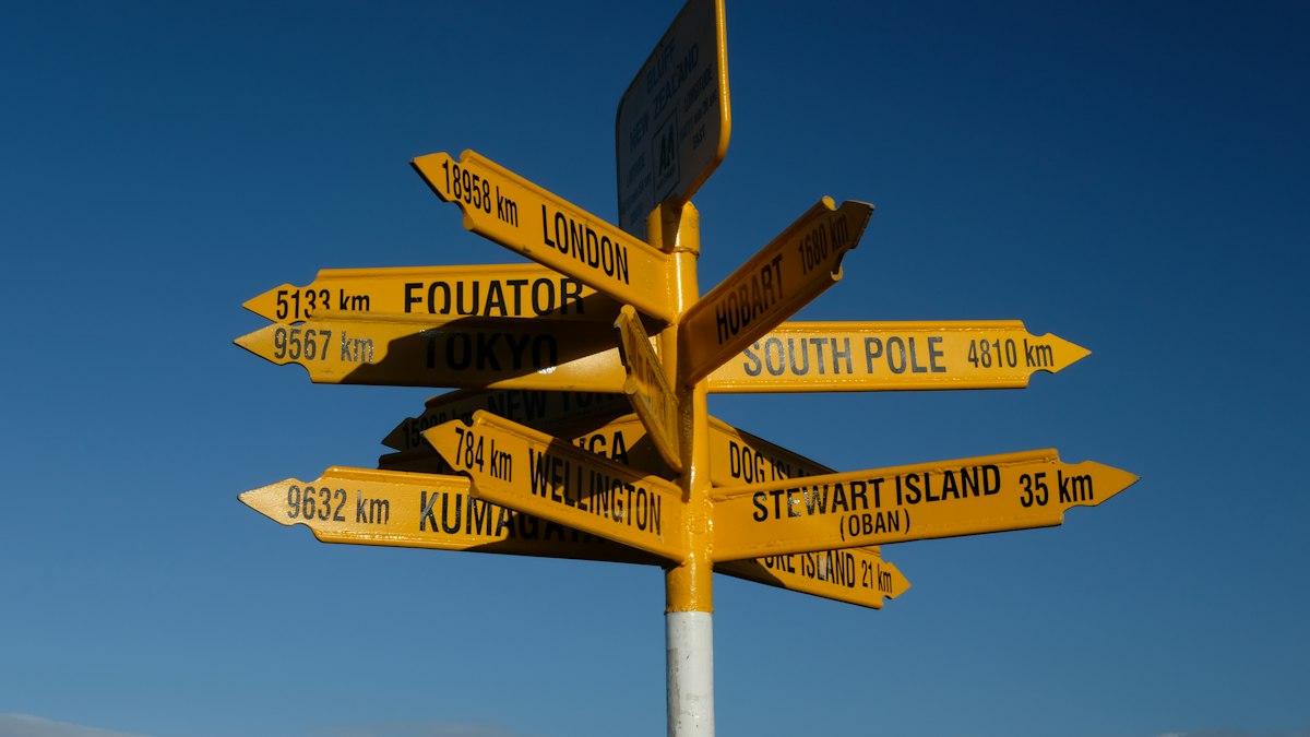 A yellow signpost with arrows pointing to many destinations against a blue sky